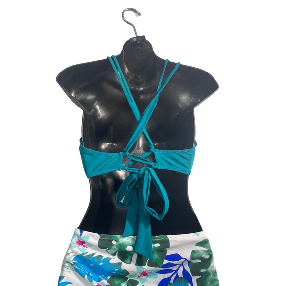 Cupshe Teal & Tropical Leaf Print High Waisted Bikini Set Sz L - New - Picture 2 of 11